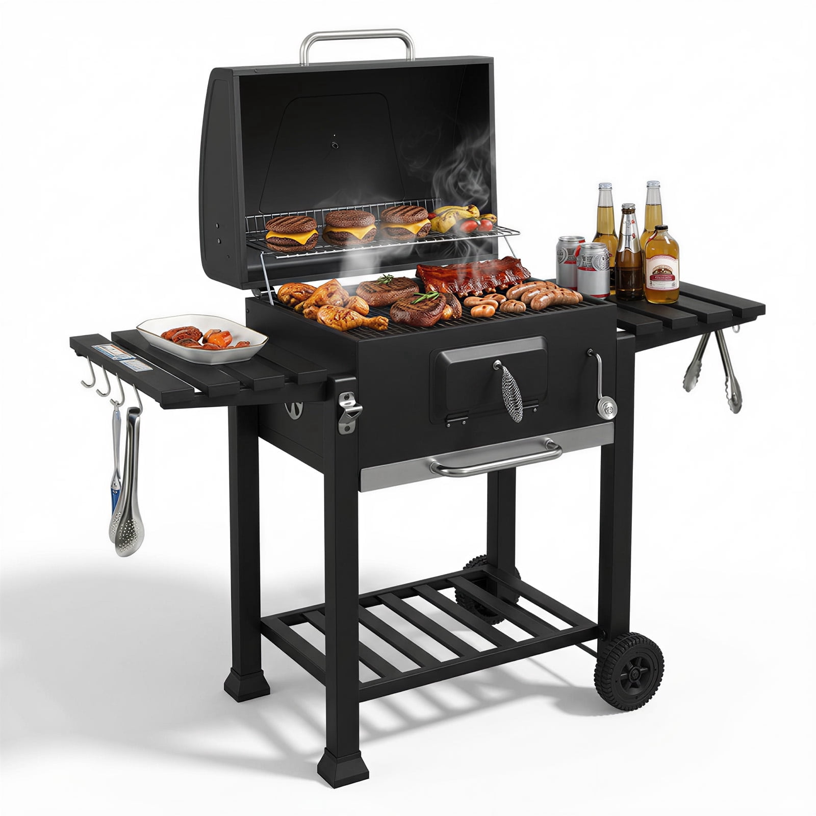 TABU BBQ Charcoal Grill, Smoker Barbecue Grills with Wheels & Thermometer for Outdoor Picnic,Patio and Backyard, Black