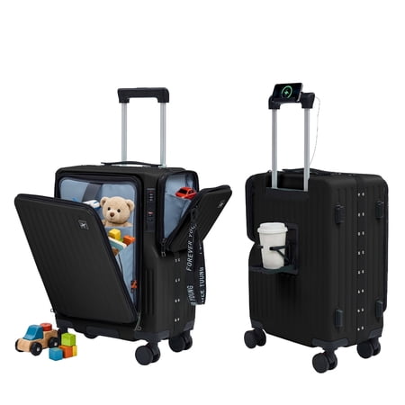 TABU Carry on Luggage with Detachable Side Bag, Zipperless PC Hard Shell Suitcase, Front Opening Suitcase, 360° Spinner Wheels, TSA Locks, USB Port, Black