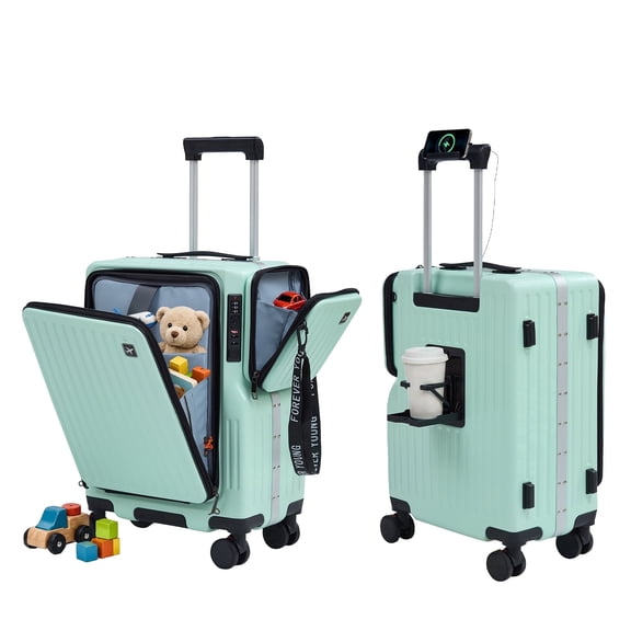 TABU Carry on Luggage with Detachable Side Bag, Zipperless PC Hard Shell Suitcase, Front Opening Suitcase, 360° Spinner Wheels, TSA Locks, USB Port, Green