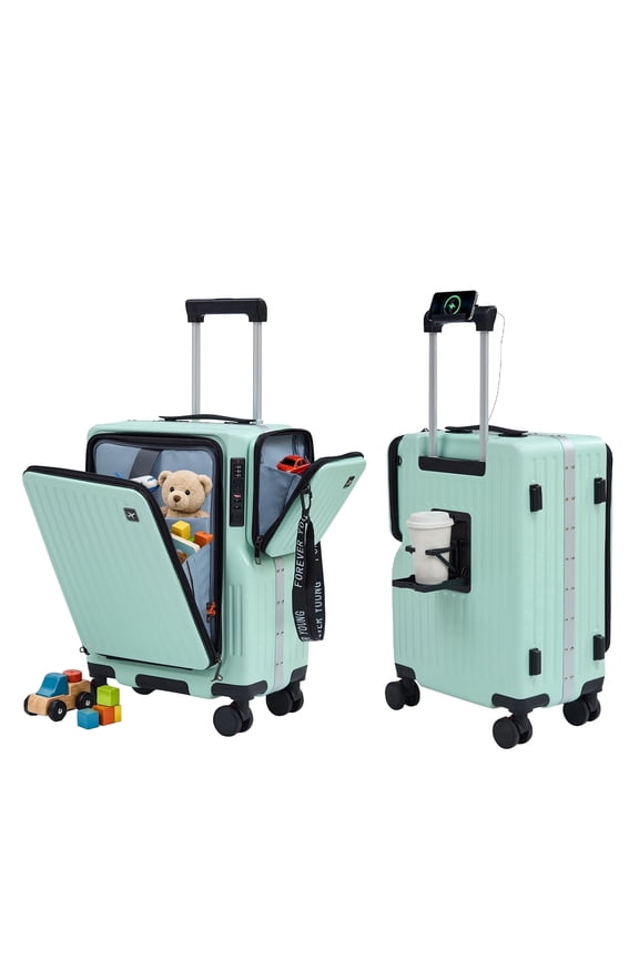 TABU Carry on Luggage with Detachable Side Bag, Zipperless PC Hard Shell Suitcase, Front Opening Suitcase, 360° Spinner Wheels, TSA Locks, USB Port, Green