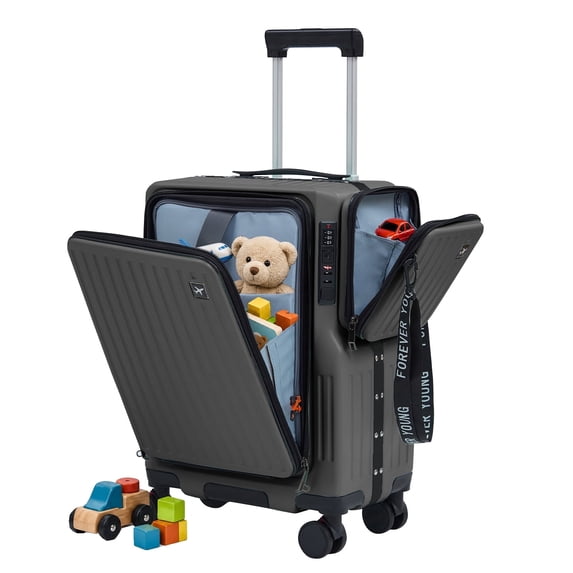 TABU Carry on Luggage with Detachable Side Bag, Zipperless PC Hard Shell Suitcase, Front Opening Suitcase, 360° Spinner Wheels, TSA Locks, USB Port, Grey