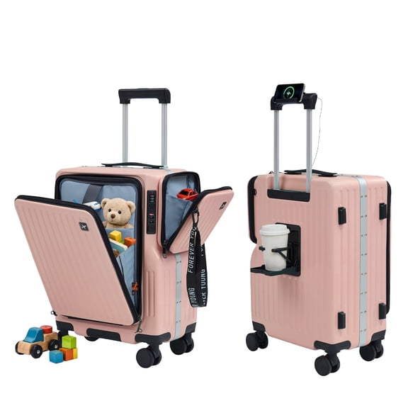 TABU Carry on Luggage with Detachable Side Bag, Zipperless PC Hard Shell Suitcase, Front Opening Suitcase, 360° Spinner Wheels, TSA Locks, USB Port, Pink
