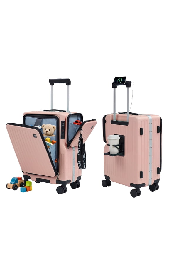 TABU Carry on Luggage with Detachable Side Bag, Zipperless PC Hard Shell Suitcase, Front Opening Suitcase, 360° Spinner Wheels, TSA Locks, USB Port, Pink
