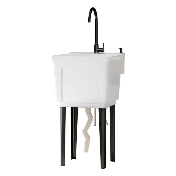 TABU Freestanding Utility Sink Laundry Tub, with Stainless Steel Faucet, White