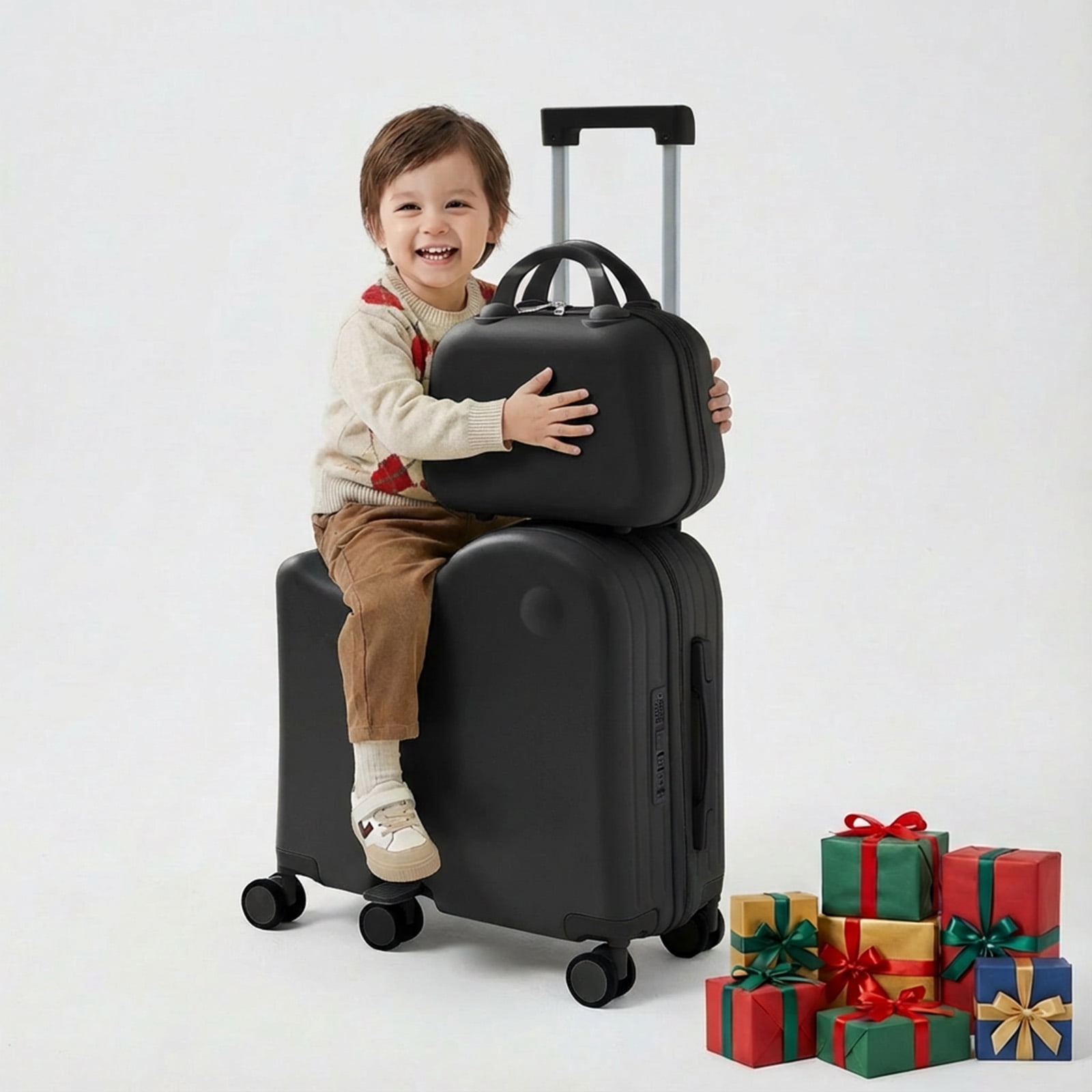 TABU Kids Ride on Luggage with Handbag, Hardshell Suitcase with 6-Spinner Wheels,Hidden Cup Holder,Foldable Pedal,Black