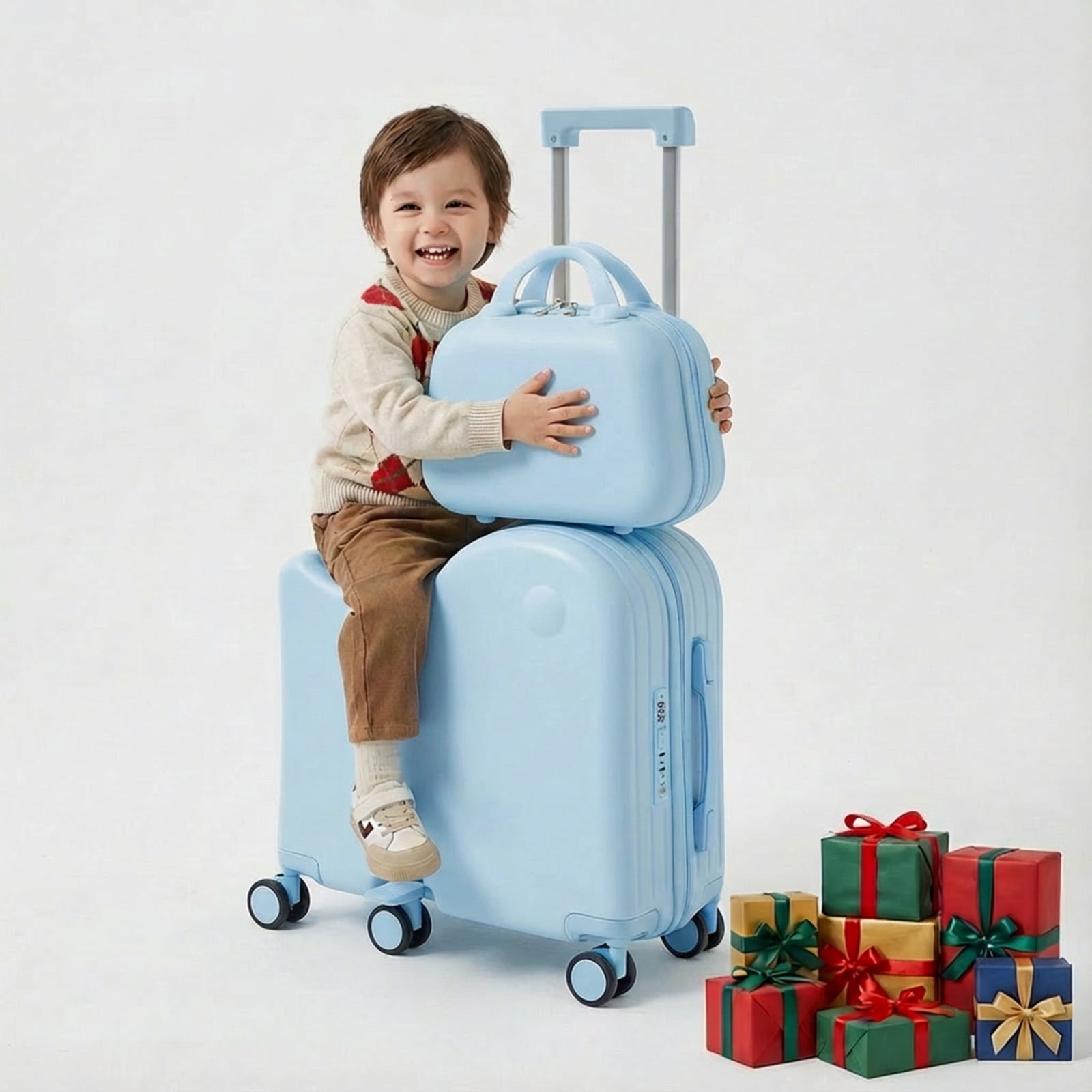 TABU Ride on Luggage with Handbag for Kids , Hardshell Carry on Suitcase with 6-Wheels,Hidden Cup Holder,Foldable Pedal,Blue