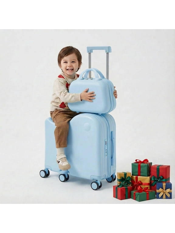 Ride on Luggage with Handbag for Kids , Hardshell Carry on Suitcase with 6-Wheels,Hidden Cup Holder,Foldable Pedal,Blue