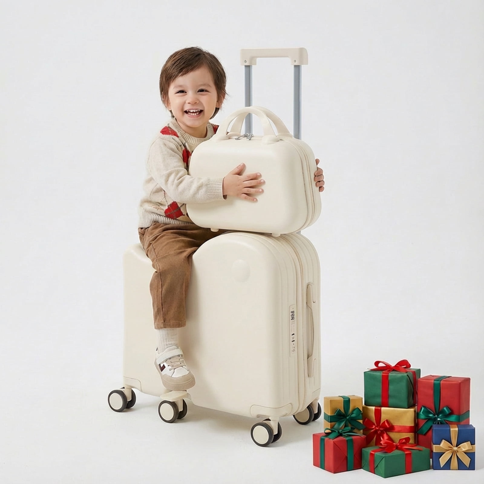 TABU Kids Ride on Luggage with Handbag, Hardshell Suitcase with 6-Spinner Wheels,Hidden Cup Holder,Foldable Pedal,White