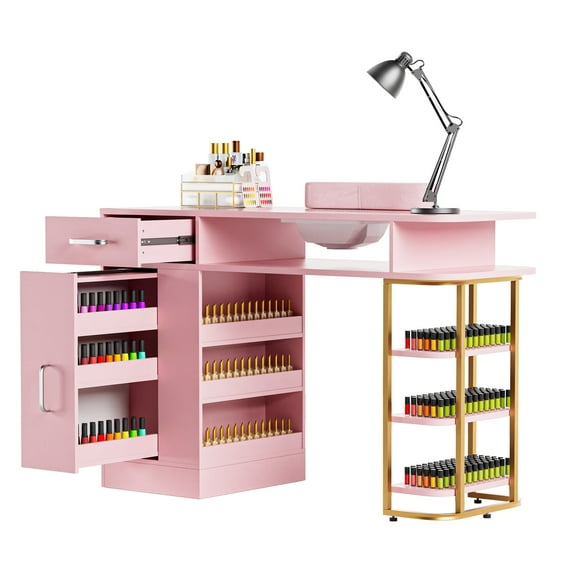 TABU Manicure Table with Dust Collector,Nail Table for Nail Tech with Wrist Pad,Storage Cabinet,for Beauty Salon,Pink