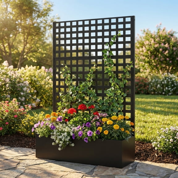 TABU Metal Planter Box with Trellis, Raised Garden Bed with Trellis, Outdoor Privacy Planter Boxes with Drainage Holes, Black