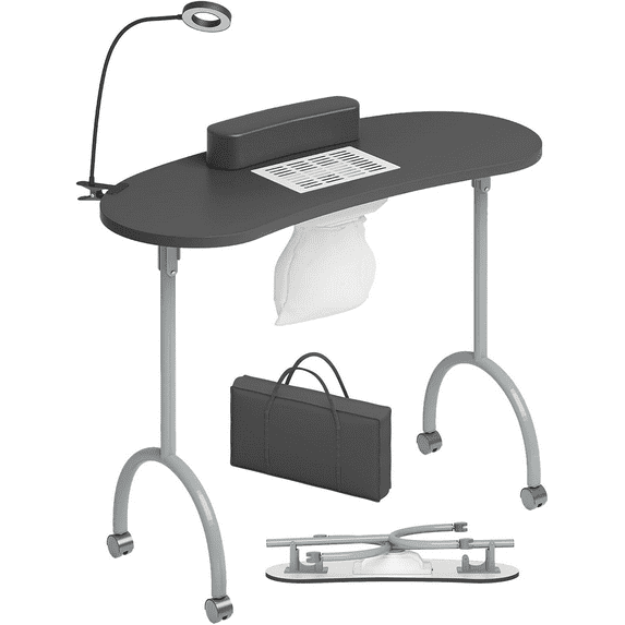 TABU Portable Folding Manicure Nail Table Station with Dust Collector Fan and Magnifying Glass Lamp,Black