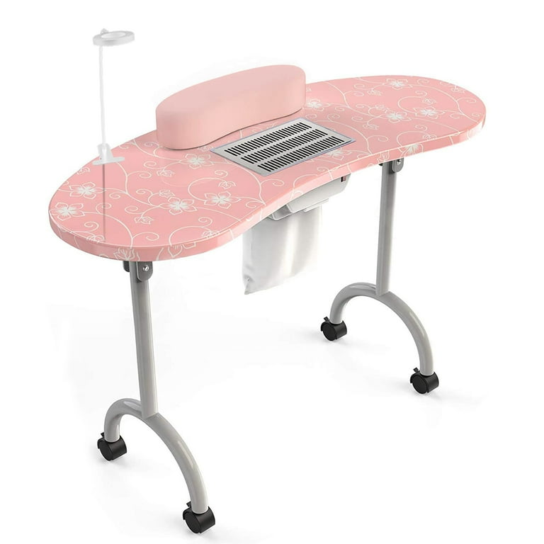 TABU Portable Folding Manicure Nail Table Station with Dust Collector Fan and Magnifying Glass Lamp Pink