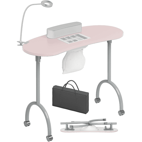 TABU Portable Folding Manicure Nail Table Station with Dust Collector Fan and Magnifying Glass Lamp,Pink