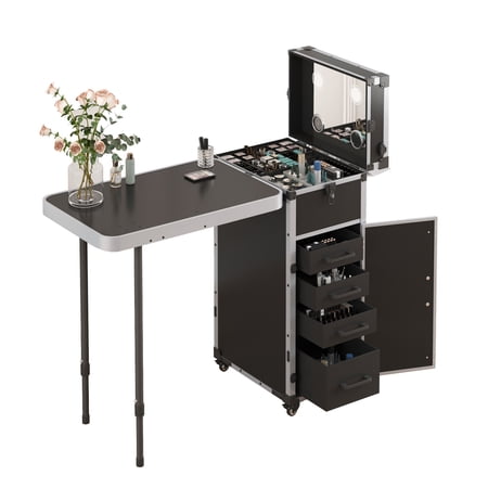 TABU Portable Manicure Table, Foldable Nail Table,Rolling Makeup Case with Wheels,LED Mirror,Black
