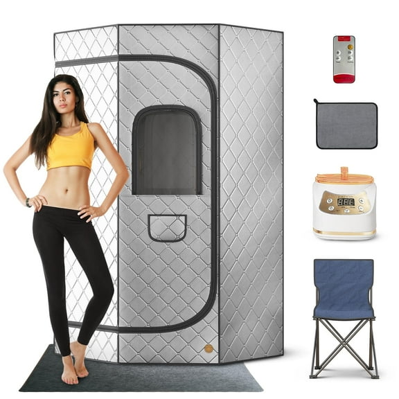TABU Portable Sauna for Home, Sauna Box with 3L & 1500W Steamer, Timer, Foldable Chair, Silver