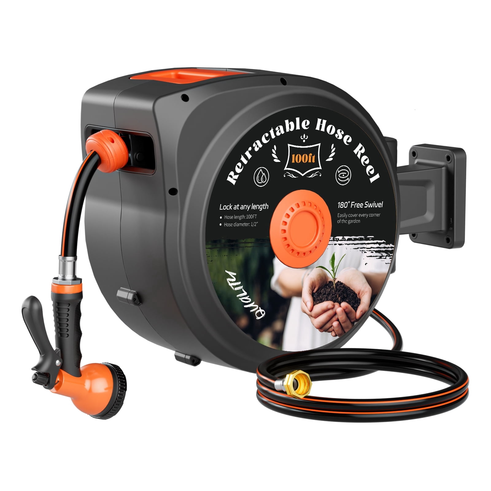 TABU Retractable Garden Hose Reel, 1/2 Inch x 130 FT Hose Reel with 10 Pattern Nozzle, Slow Return System & 180°Swivel Bracket