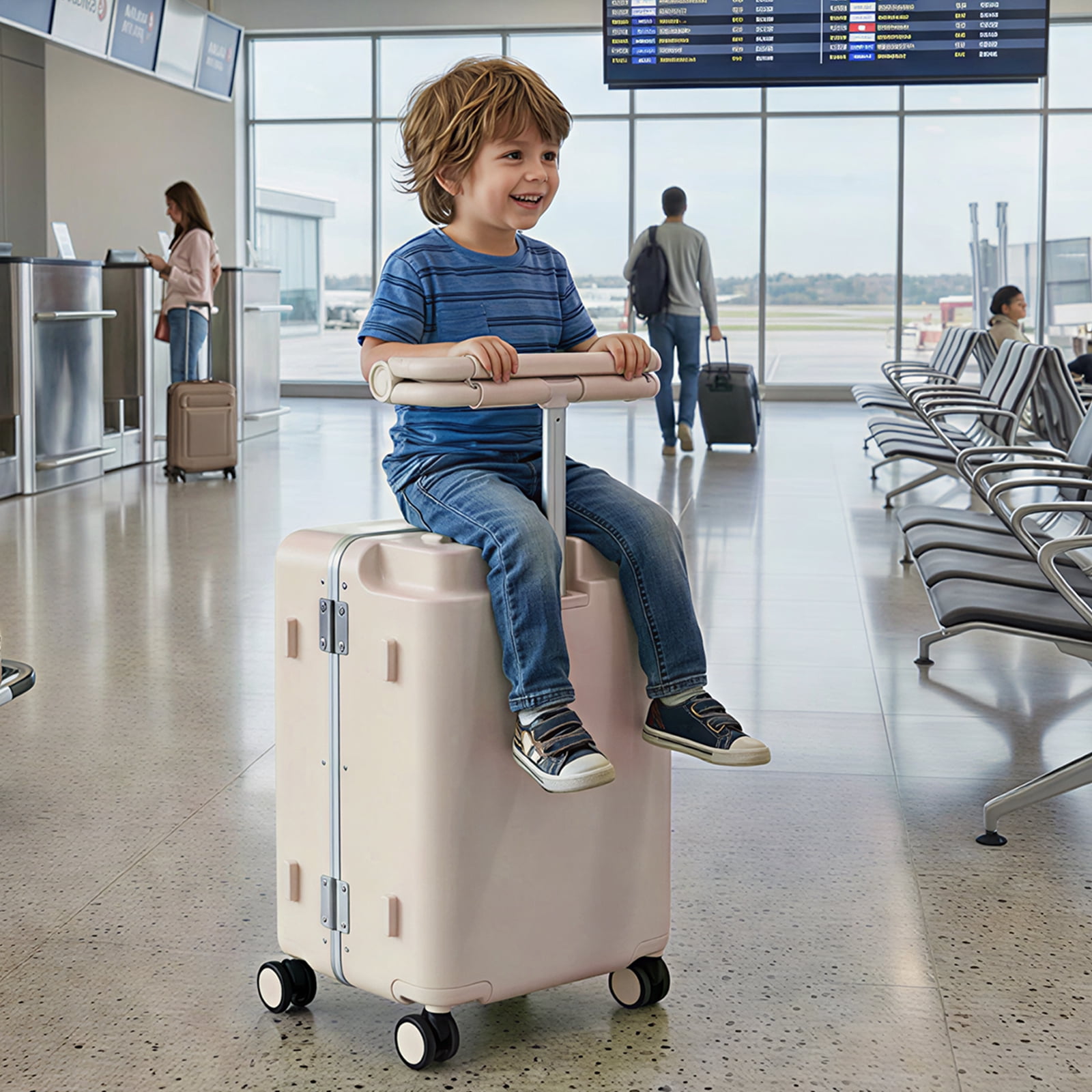 TABU Ride-On Suitcase for Kids with Seat, Carry-On Luggage with Computer Hook, 360° Lockable Spinner and TSA Lock, Brown