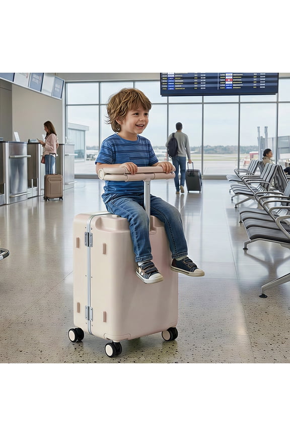 Ride-On Suitcase for Kids with Seat, Carry-On Luggage with Computer Hook, 360° Lockable Spinner and TSA Lock, Brown
