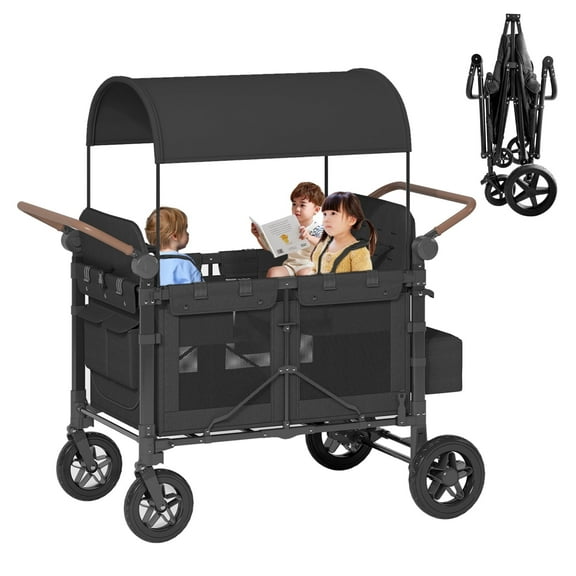 TABU Stroller Wagon for 4 Kids,4 Seater Stroller Wagon with Adjustable Handles,5-Point Harnesses,Black
