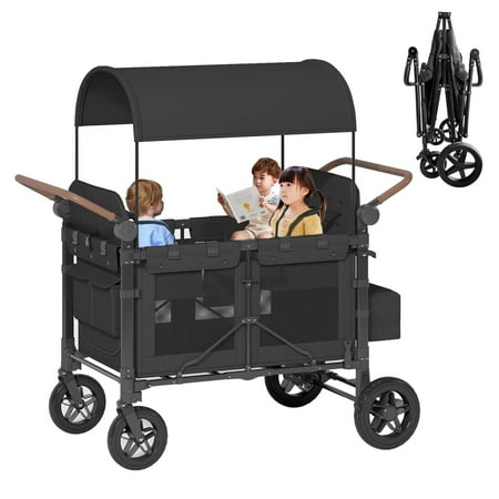 TABU 51" Stroller Wagon for 4 Kids, Folding 4 Seater Wagon with 5-Point Harnesses, Adjustable Handle, Black