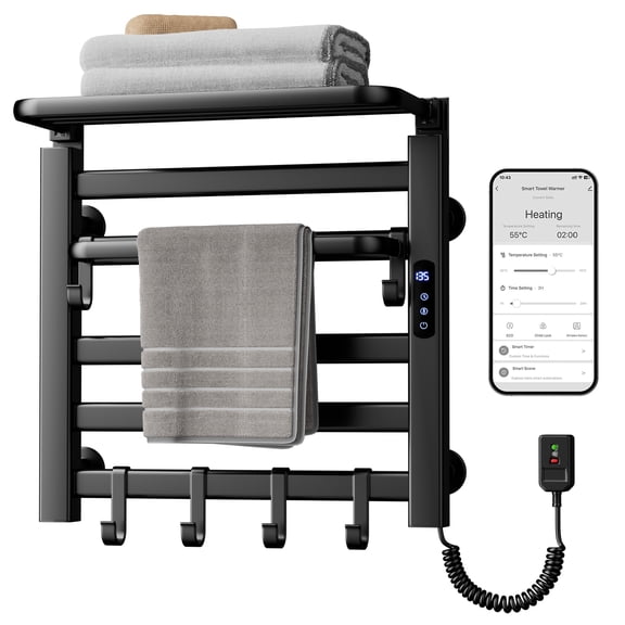 TABU Towel Warmer Rack, 6 Bars Electric Heated Towel Racks, Top Warmer Shelf, Auto Shut-Off Timer, for Bathroom, Black