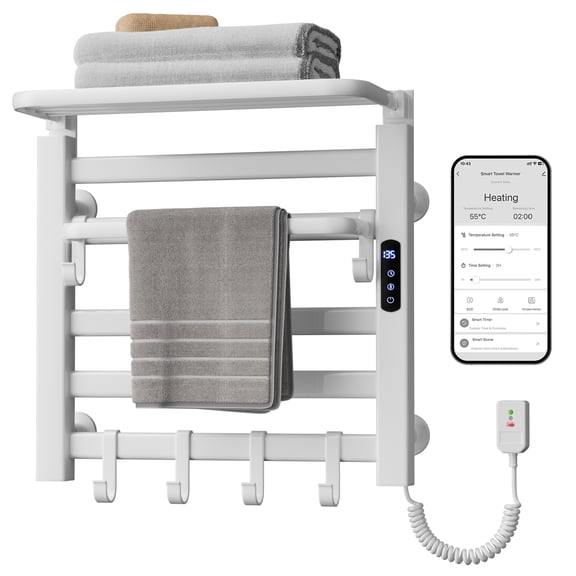 TABU Towel Warmer Rack, 6 Bars Electric Heated Towel Racks, Top Warmer Shelf, Auto Shut-Off Timer, for Bathroom, White