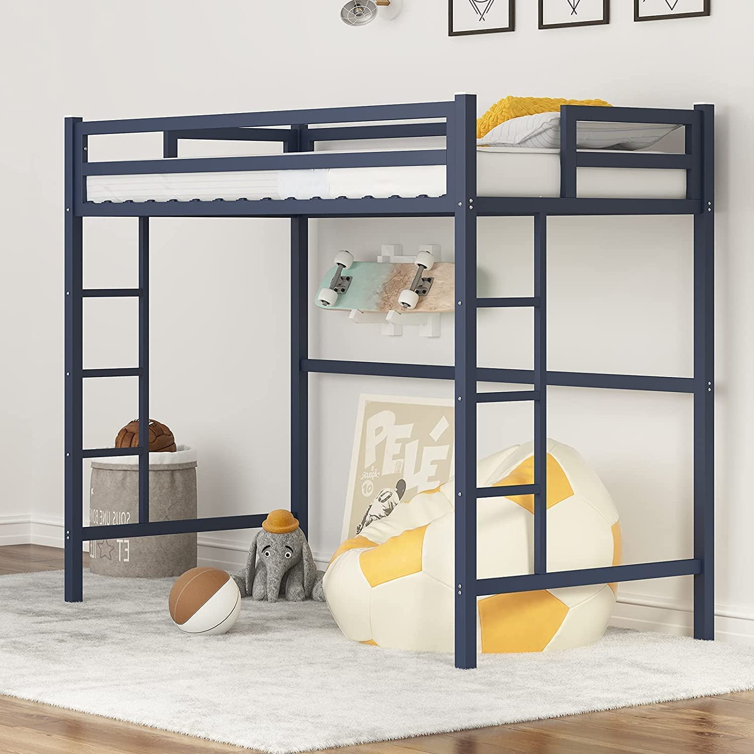 TABU Twin Size Loft Bed Frame, Metal Safety Guard Rail & Two Buildin