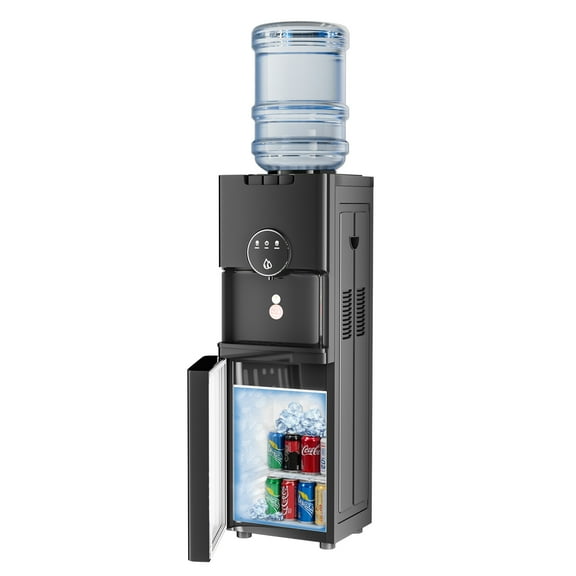 TABU Water Dispenser with Beverage Cooler, Top Loading Water Cooler, Hot/Cold/Room Temperature,3 or 5 Gallon,Black