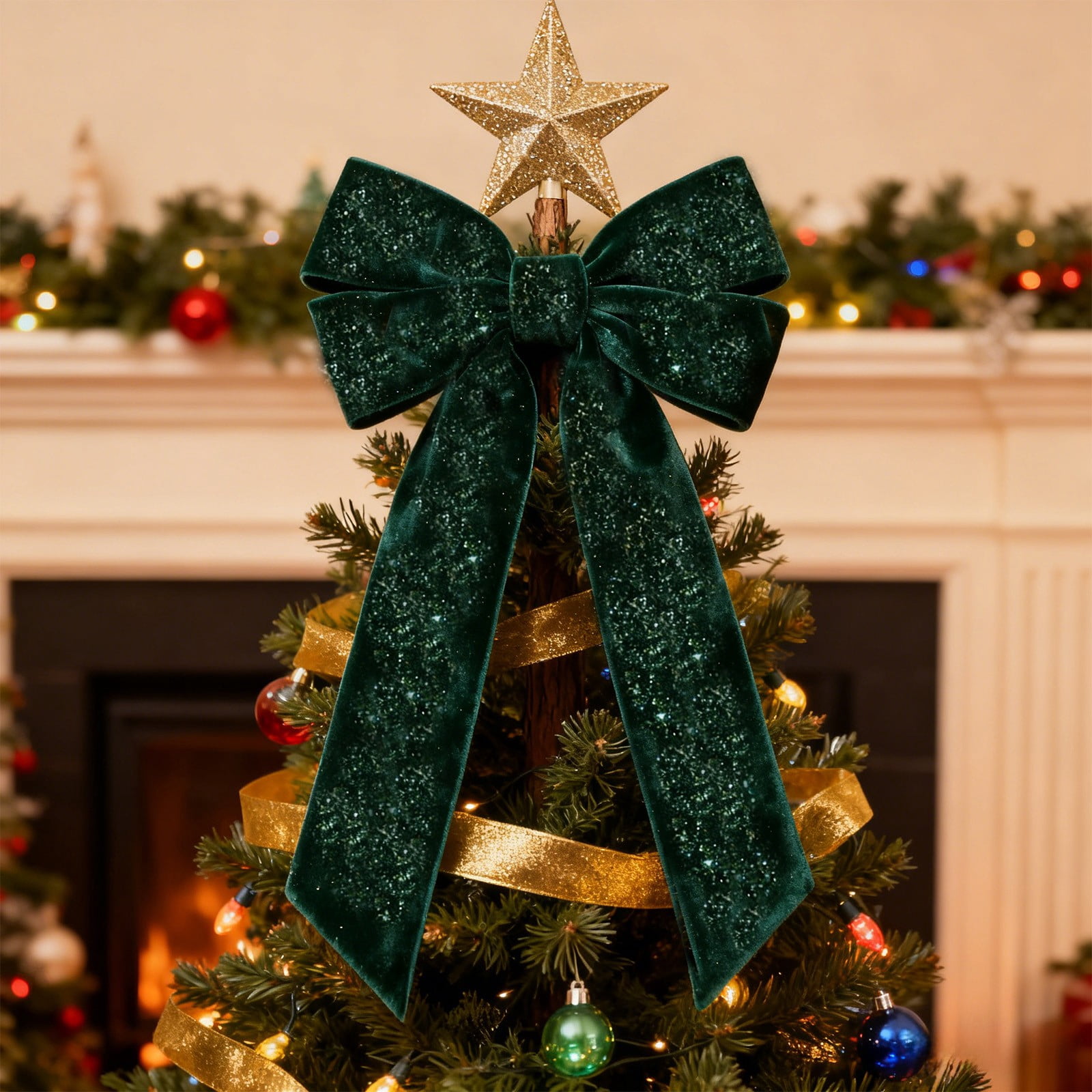 Flocking Ribbon Bows TACILIP Christmas Decorations, 5 Yards Green Velvet Ribbon with Glitter ...