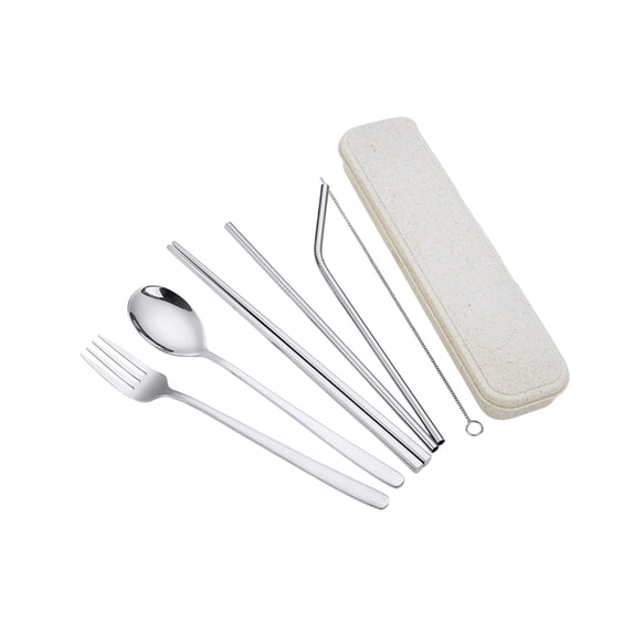 TACILIP Korean-Style Titanium-Coated Cutlery Set 304 Stainless Steel Fork Spoon Chopsticks Straw Portable Combo Student Cutlery 7-Piece Set, Kitchen Gadgets