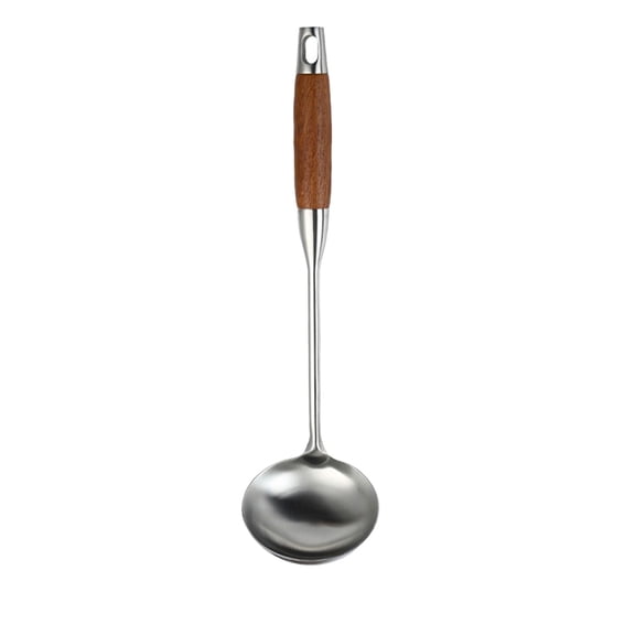 TACILIP Large Spatula Slotted Turner Soup Ladle 304 Stainless Steel Wok Spatula Set Slotted Spoon for Cooking Utensils Set Long Wooden Handle Ladles Kitchen, Mom Gifts