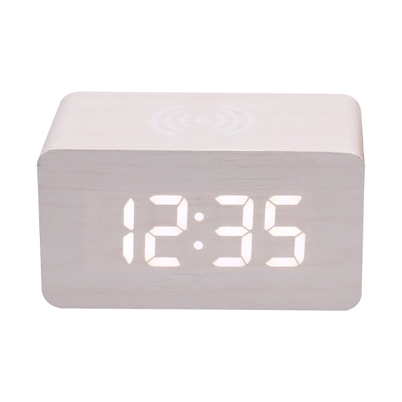 TACILIP Nightlight Wireless Charging LED Wooden Alarm Clock, Multifunctional Voice Controlled Mute Electronic Clock, Wireless Charging Clock, Gifts for Women