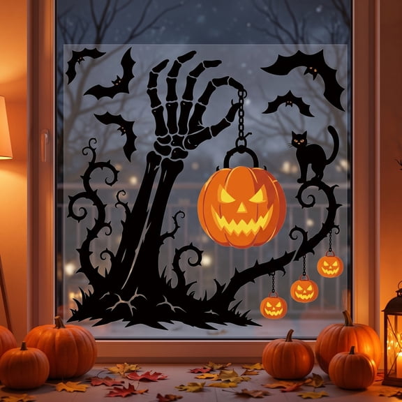 TACILIP Room Decor, 1PC Halloween Window Clings Skeleton Hand O Window Stickers With Bats Reusable PVC Halloween Window Decorations For Home Party Glass, Holiday Gifts