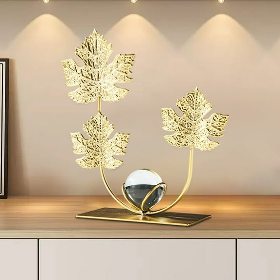 TACILIP Room Decor, Metal Jewelry Ginkgo Crystal Balls Base Art Gold Statue Leaf Line Sculpture Decoration Home Office Desk Bookshelf