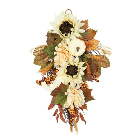 TACILIP Room Decor, Thanksgiving Decoration Pendant 35cm/13.8in Upside Down Water Drop Fall Thanksgiving White Pumpkin Wreath Sunflower Maple Leaf Garland Door Decoration, Gifts for Men