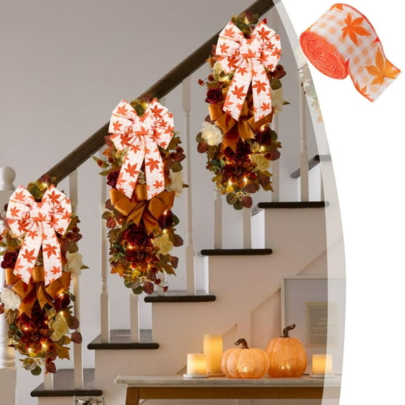 TACILIP Thanksgiving Ribbon Theme Ribbon Yellow Maple Leaf Pumpkin Plaid Edge Decorative Ribbon, Thanksgiving Decor