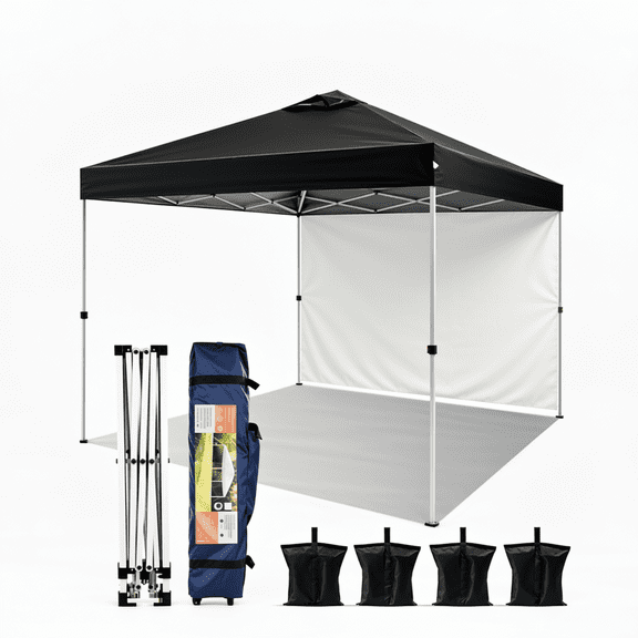 TACKLIFE 10'x10'Pop Up Canopy Tent,One Person Set-up Canopy with Sidewall&Carry Bag&Ropes&Stakes&Sandbags,All-Weather Portable Shelter for Outdoor Gatherings,Black