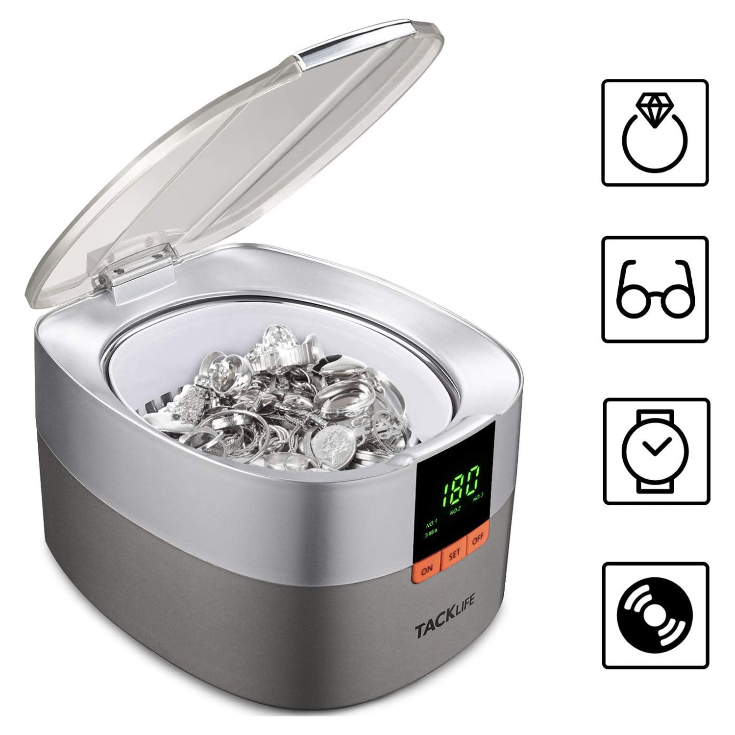 TACKLIFE Ultrasonic Jewelry Cleaner, 5 Time Modes, Stainless Steel