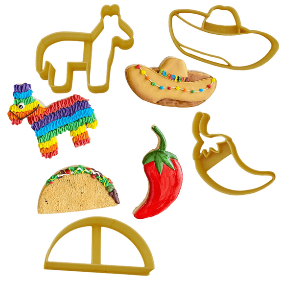 TACO COOKIE CUTTER WITH CHILI PINATA AND SOMBRERO Mexican Batalla De Puebla Fifth of May Sombrero Hat, Taco, Chili Pepper Aji Picante And Pinata Cinco De Mayo Celebration Cookie Cutters (4 pack)