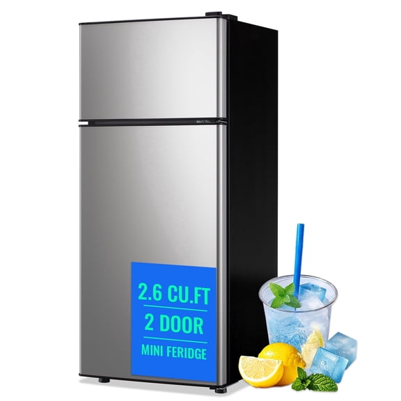TACOOL Apartment Size Mini Fridge Dual Door 2.65Cu.ft Dorm Refrigerator, Silver, New