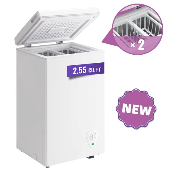 TACOOL Chest Freezer 2.55 Cu.ft Large Capacity with 2 Removable Basket Small Mini Deep Freezer Top Open Door White