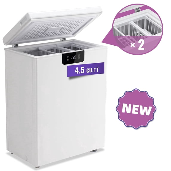 TACOOL Chest Freezer 4.5 Cu.ft Electronic Temperature Control Digital Display with 2 Removable Basket Small Mini Deep Freezer Top Open Door White