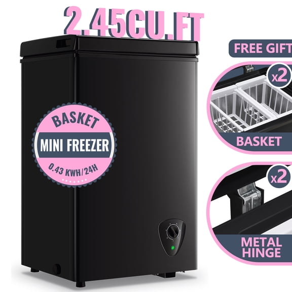 TACOOL Mini Chest Freezer 2.45Cu.ft with Two Removable Baskets Small Freezer with 7 Control Thermostat Control from -11.2to 50BLACK