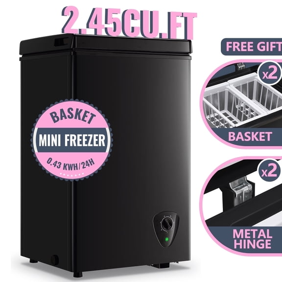 TACOOL Mini Chest Freezer 2.45Cu.ft with Two Removable Baskets Small Freezer with 7 Control Thermostat Control from -11.2℉to 50℉BLACK
