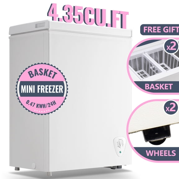 TACOOL Mini Chest Freezer 4.35Cu.ft with Two Removable Baskets Small Freezer with 7 Control Thermostat Control from -11.2℉to 50℉WHITE