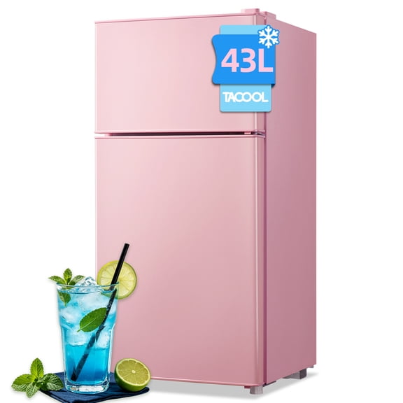 TACOOL Mini Refrigerator with Top Freezer 43 Liter Dual Door Small Refrigerator with 7-Level Adjustable Thermostat for Office, Pink