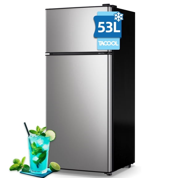 TACOOL Mini Refrigerator with Top Freezer 53 Liter Dual Door Small Refrigerator with 7-Level Adjustable Thermostat for Office, Silver