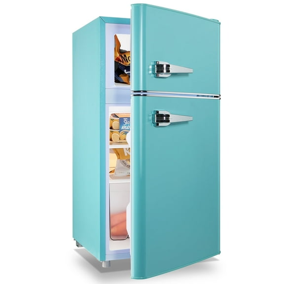 TACOOL Retro Mini Fridge with Handle Dual Door 3.5Cu.ft Samll Refrigerator with Freezer For Home Blue