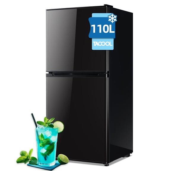 TACOOL Small Fridge with Top Freezer 110 Liter Dual Door Mini Refrigerator with LED Light, Low Noise for Dorm BLACK