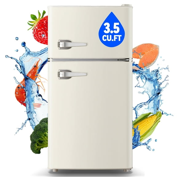 TACOOL Small Refrigerator with Freezer Retro Mini Fridge with Removable Shelves LED Light for Apartment 3.5Cu.Ft White